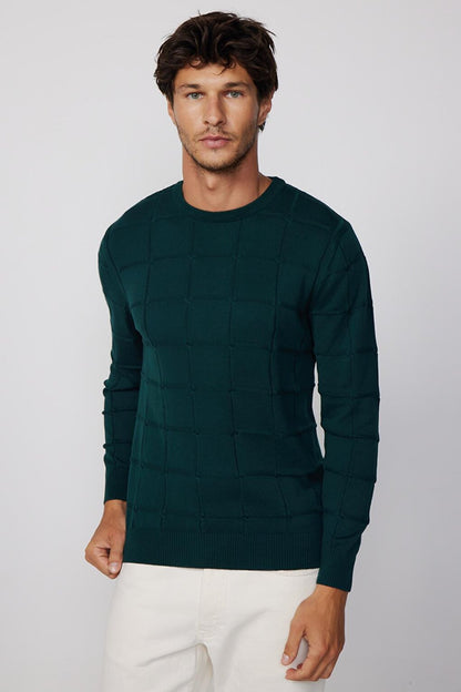 Slim Fit Crew Neck Square Patterned Men's Sweater