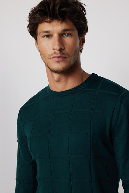 Slim Fit Crew Neck Square Patterned Men's Sweater