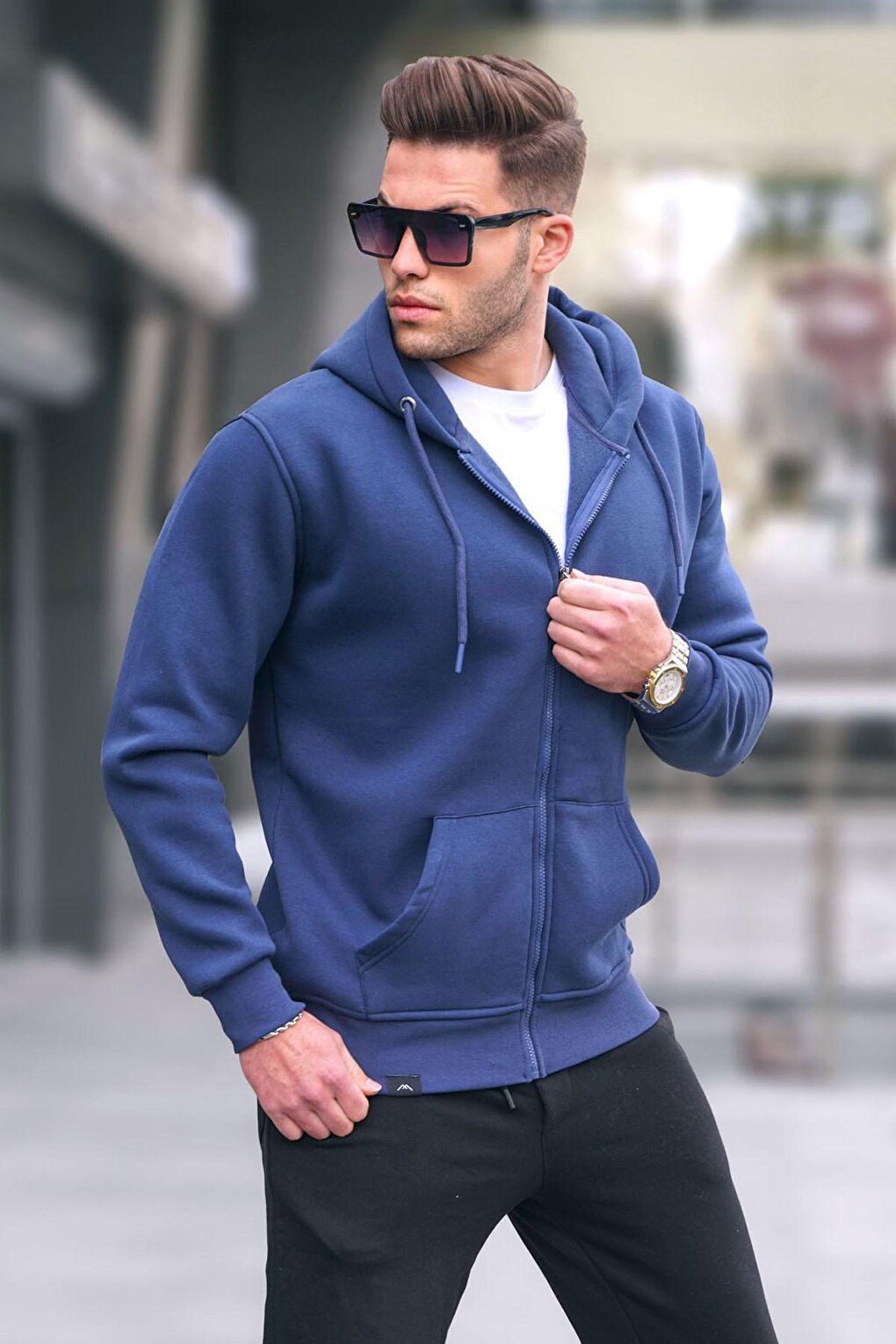 Navy Blue Hooded Regular Fit Men's Sweatshirt 6033