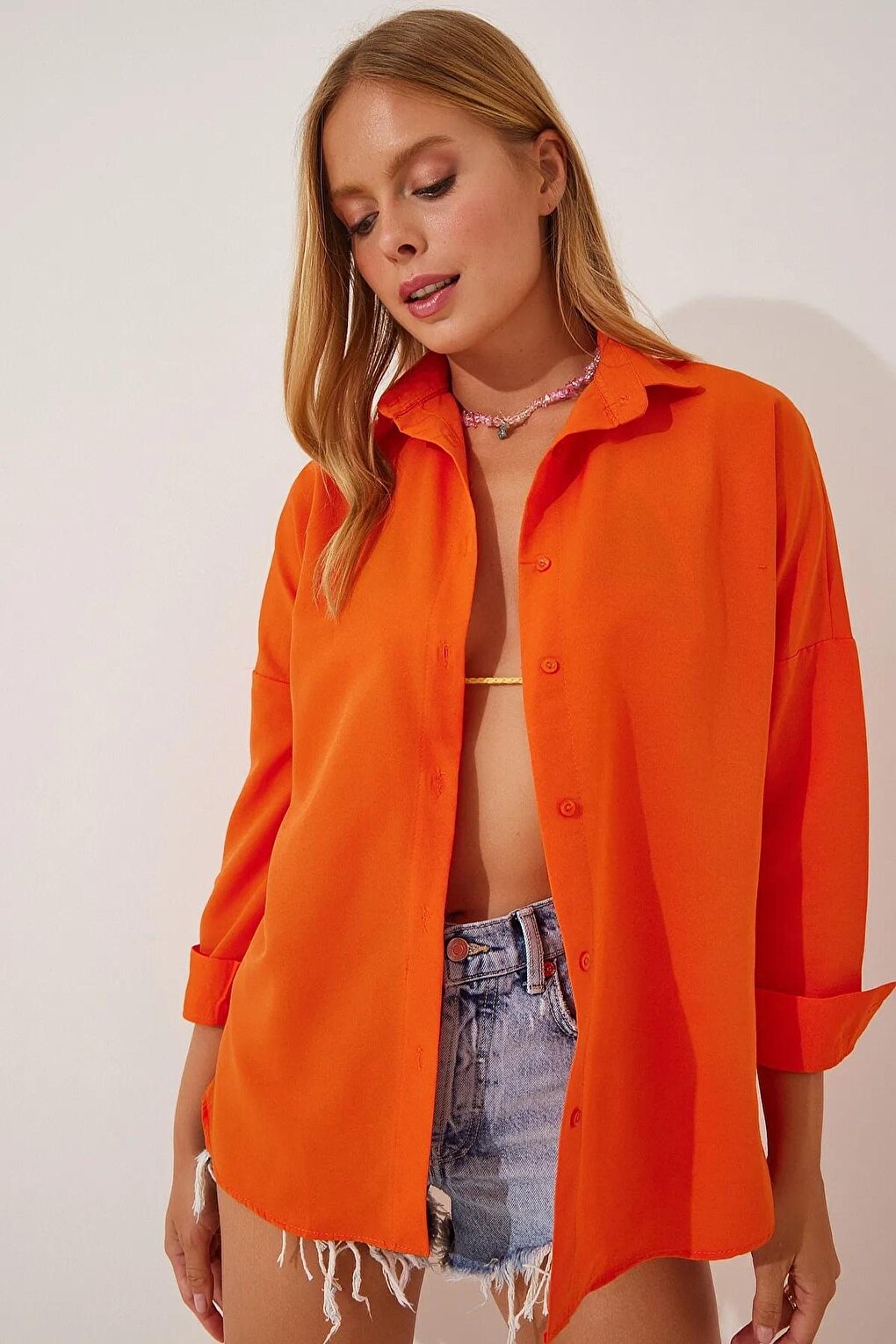 Women's Dark Orange Plain Plain Araboy Basic Oversize Shirt