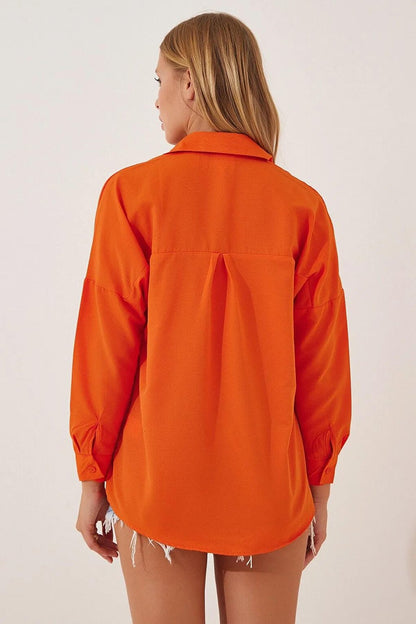 Women's Dark Orange Plain Plain Araboy Basic Oversize Shirt