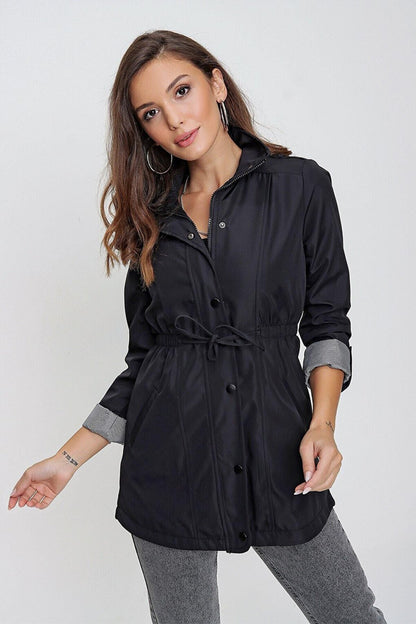 Women's Black Pocket Detailed, Gathered Waist, Lined Trench Coat HZL22W-BD156691