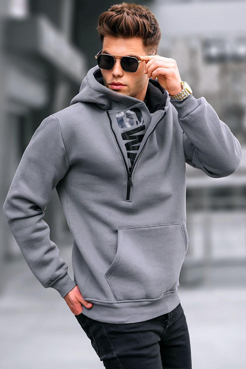 Smoked Zipper Detailed Hooded Sweatshirt 1767