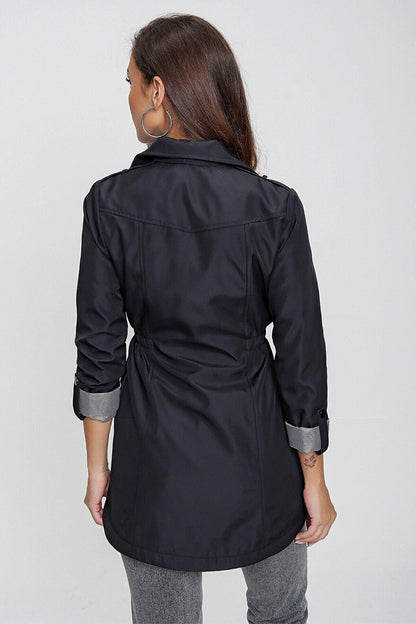 Women's Black Pocket Detailed, Gathered Waist, Lined Trench Coat HZL22W-BD156691