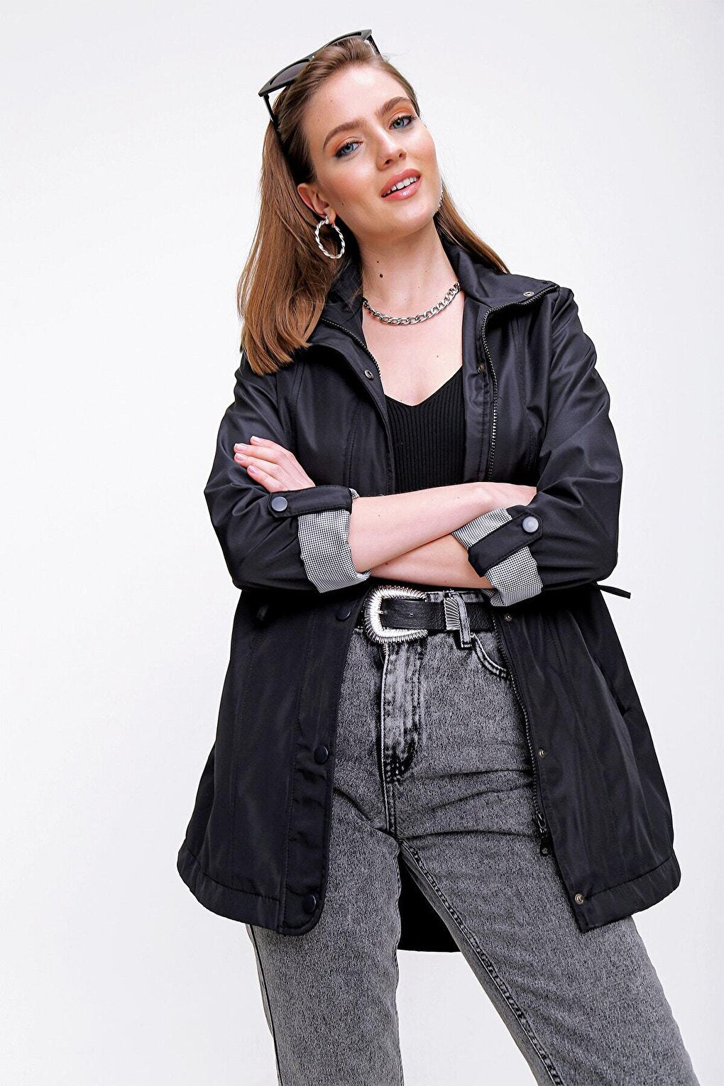 Women's Black Pocket Detailed, Gathered Waist, Lined Trench Coat HZL22W-BD156691