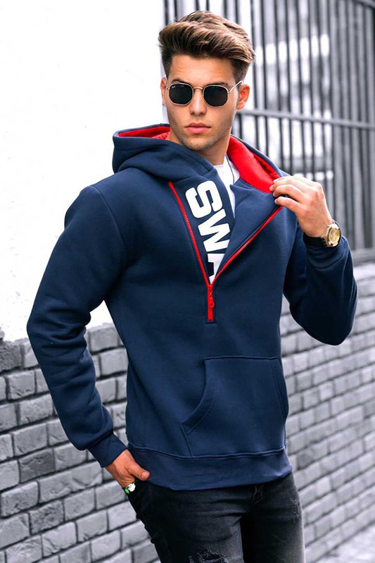 Navy Blue Zipper Detailed Hooded Sweatshirt 1767