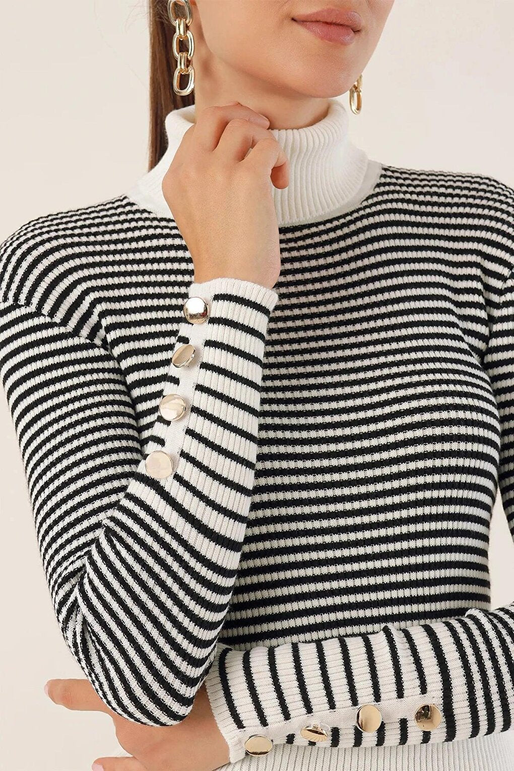 Women's Ecru Black Striped Turtleneck Sleeve Buttoned Knitwear Sweater