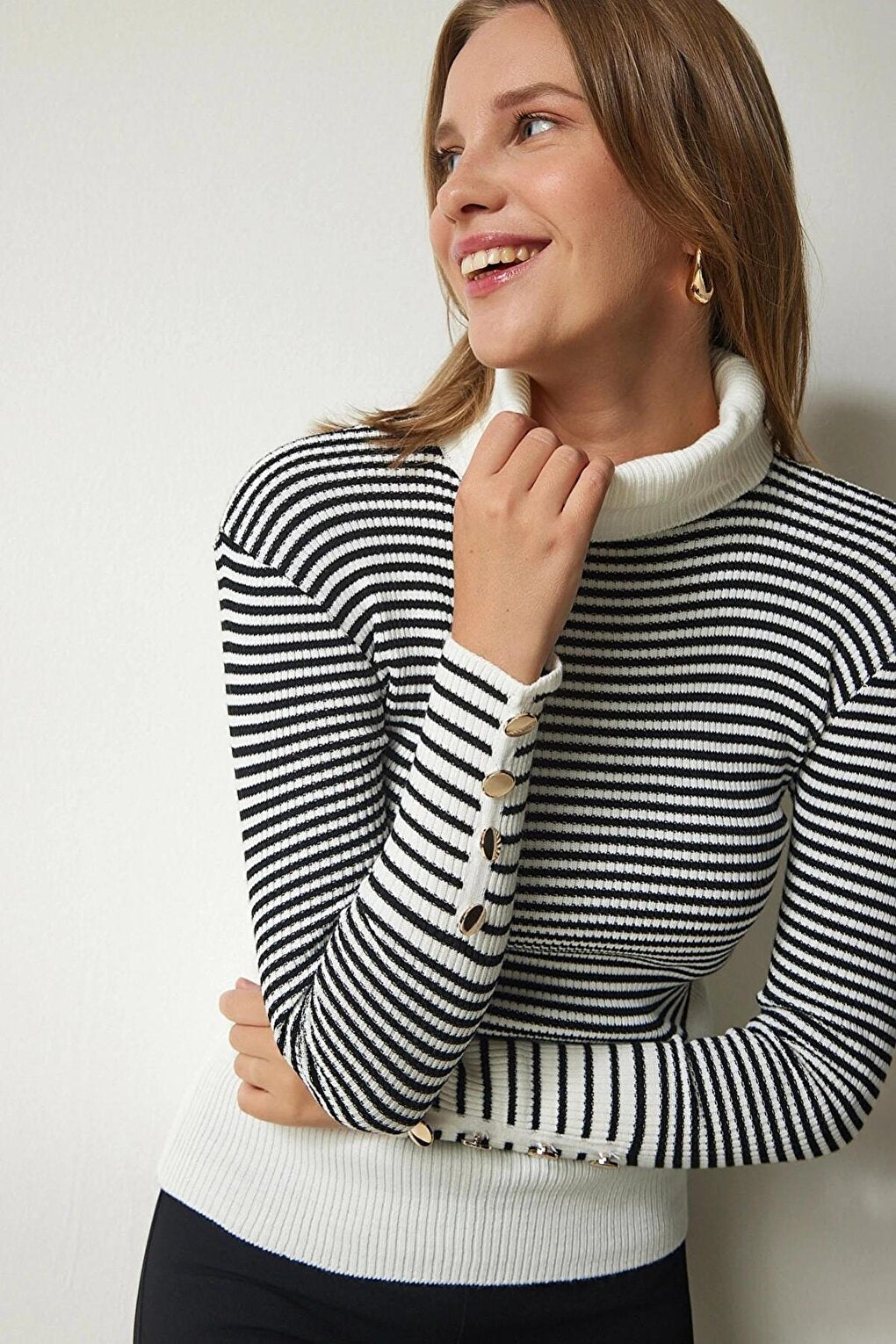 Women's Ecru Black Striped Turtleneck Sleeve Buttoned Knitwear Sweater