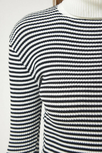 Women's Ecru Black Striped Turtleneck Sleeve Buttoned Knitwear Sweater