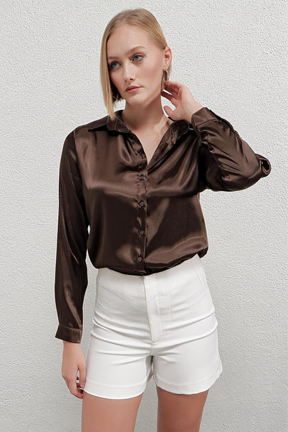 Women's Brown Lightly Draped Satin Finished Shirt HZL22W-BD139641