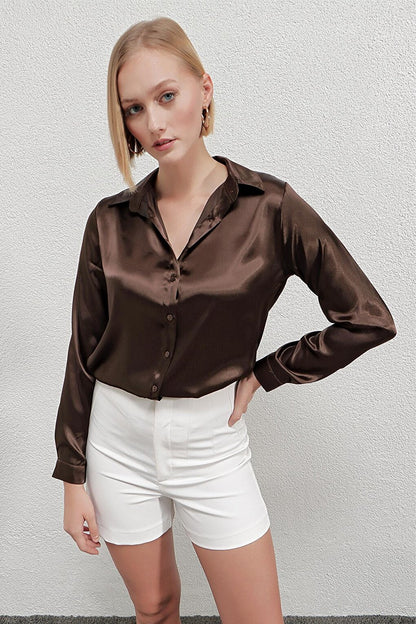 Women's Brown Lightly Draped Satin Finished Shirt HZL22W-BD139641