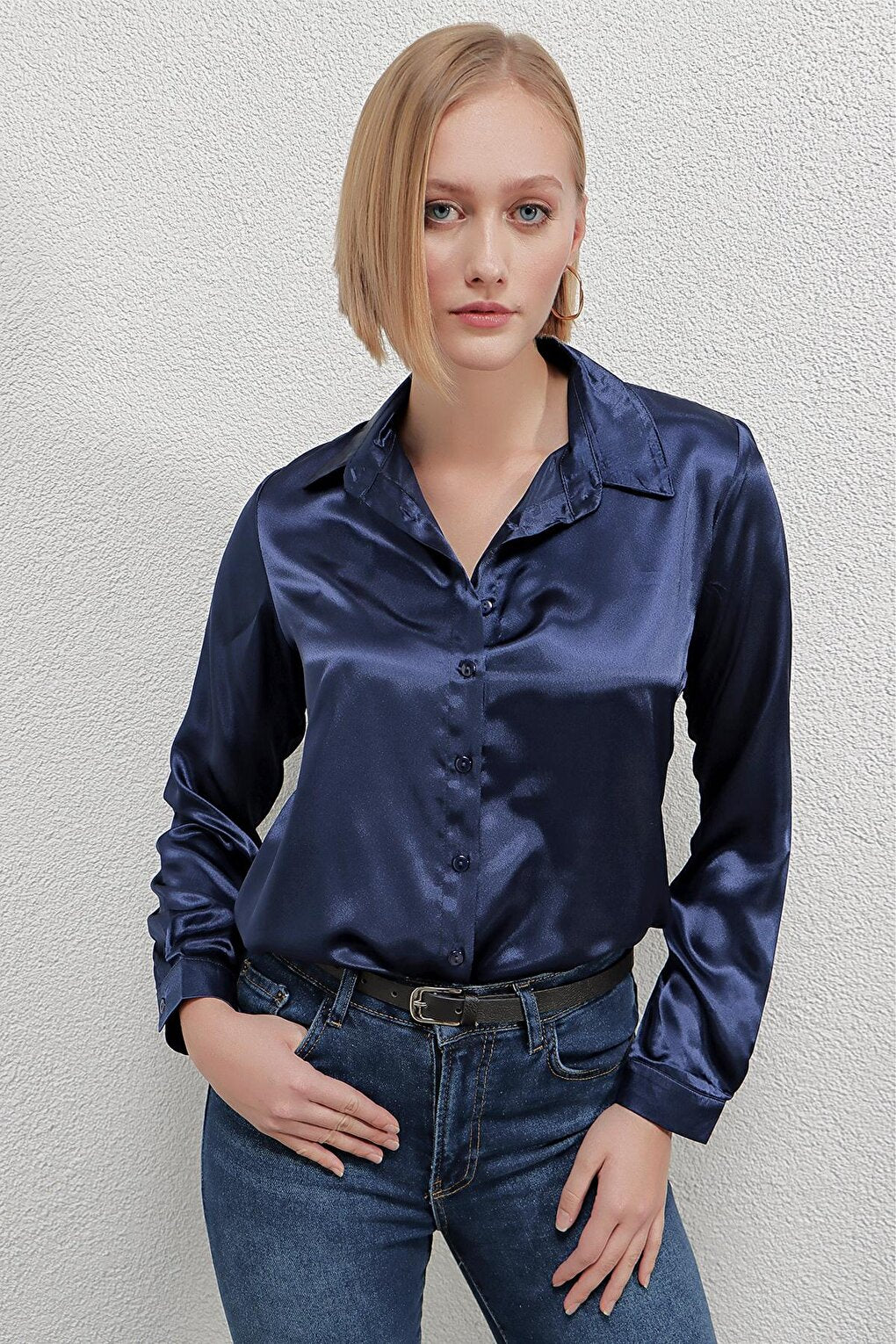 Women's Navy Blue Lightly Draped Satin Surface Shirt HZL22W-BD139641