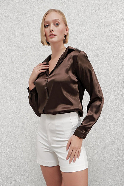 Women's Brown Lightly Draped Satin Finished Shirt HZL22W-BD139641