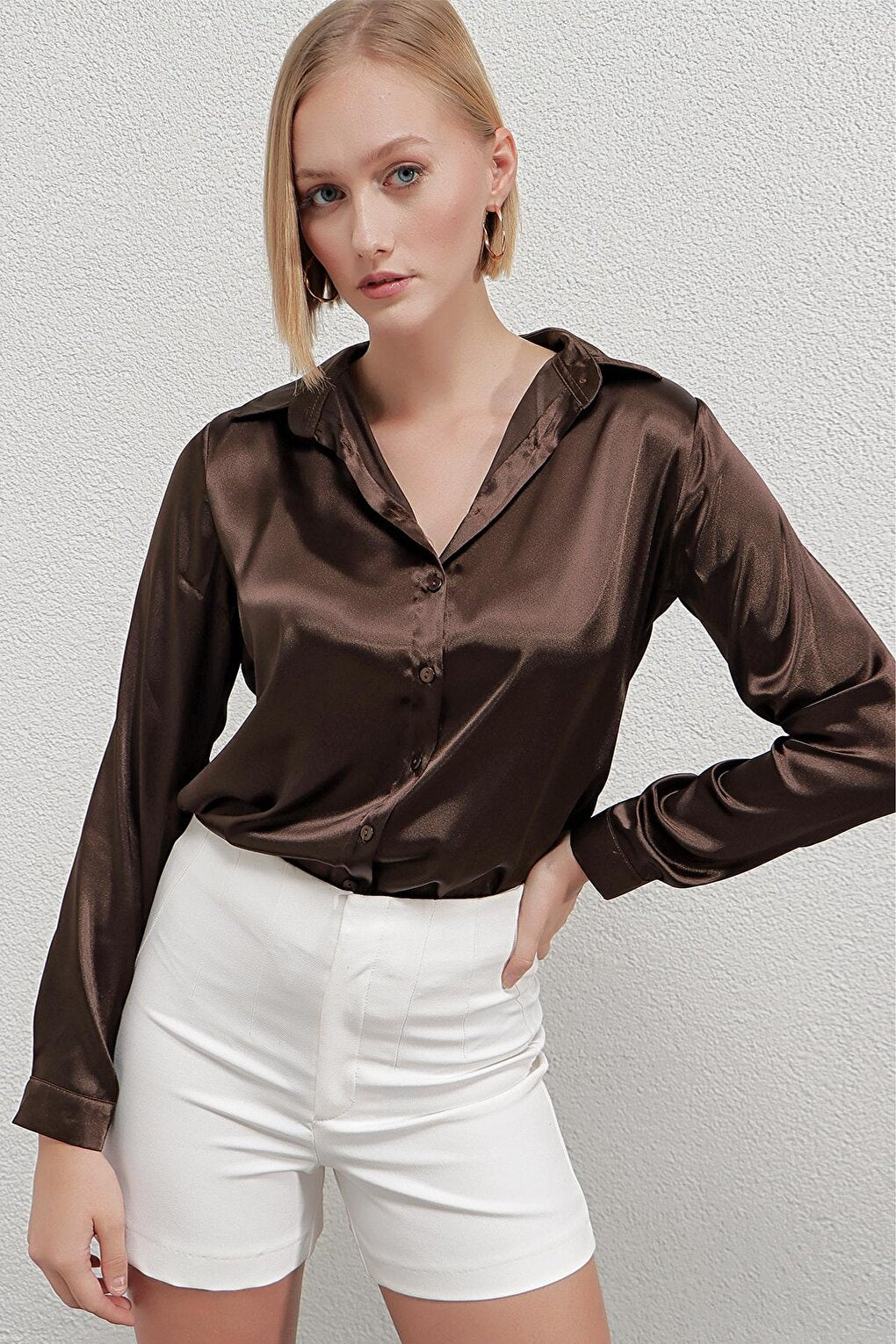 Women's Brown Lightly Draped Satin Finished Shirt HZL22W-BD139641