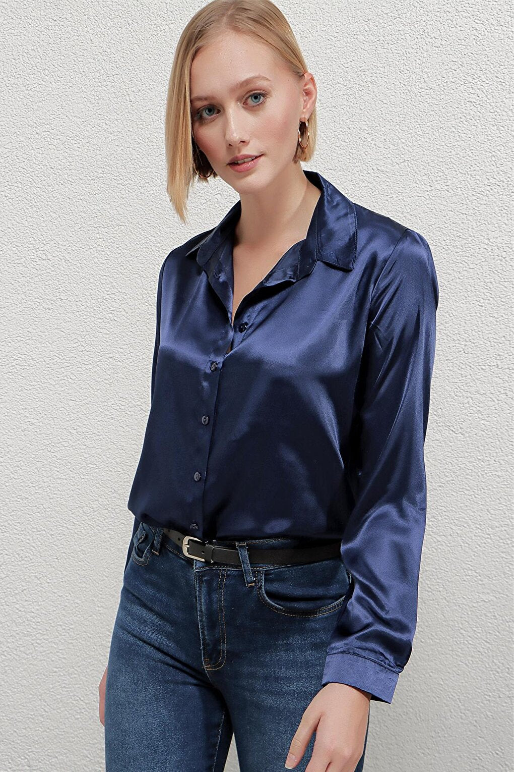 Women's Navy Blue Lightly Draped Satin Surface Shirt HZL22W-BD139641