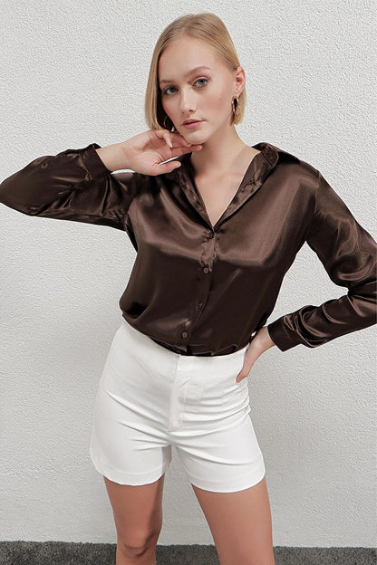 Women's Brown Lightly Draped Satin Finished Shirt HZL22W-BD139641