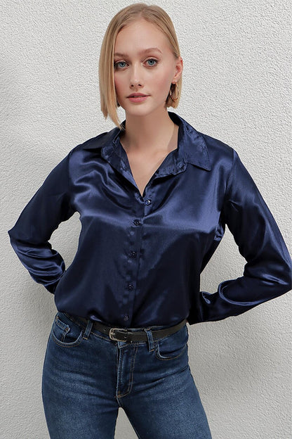 Women's Navy Blue Lightly Draped Satin Surface Shirt HZL22W-BD139641