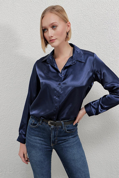 Women's Navy Blue Lightly Draped Satin Surface Shirt HZL22W-BD139641