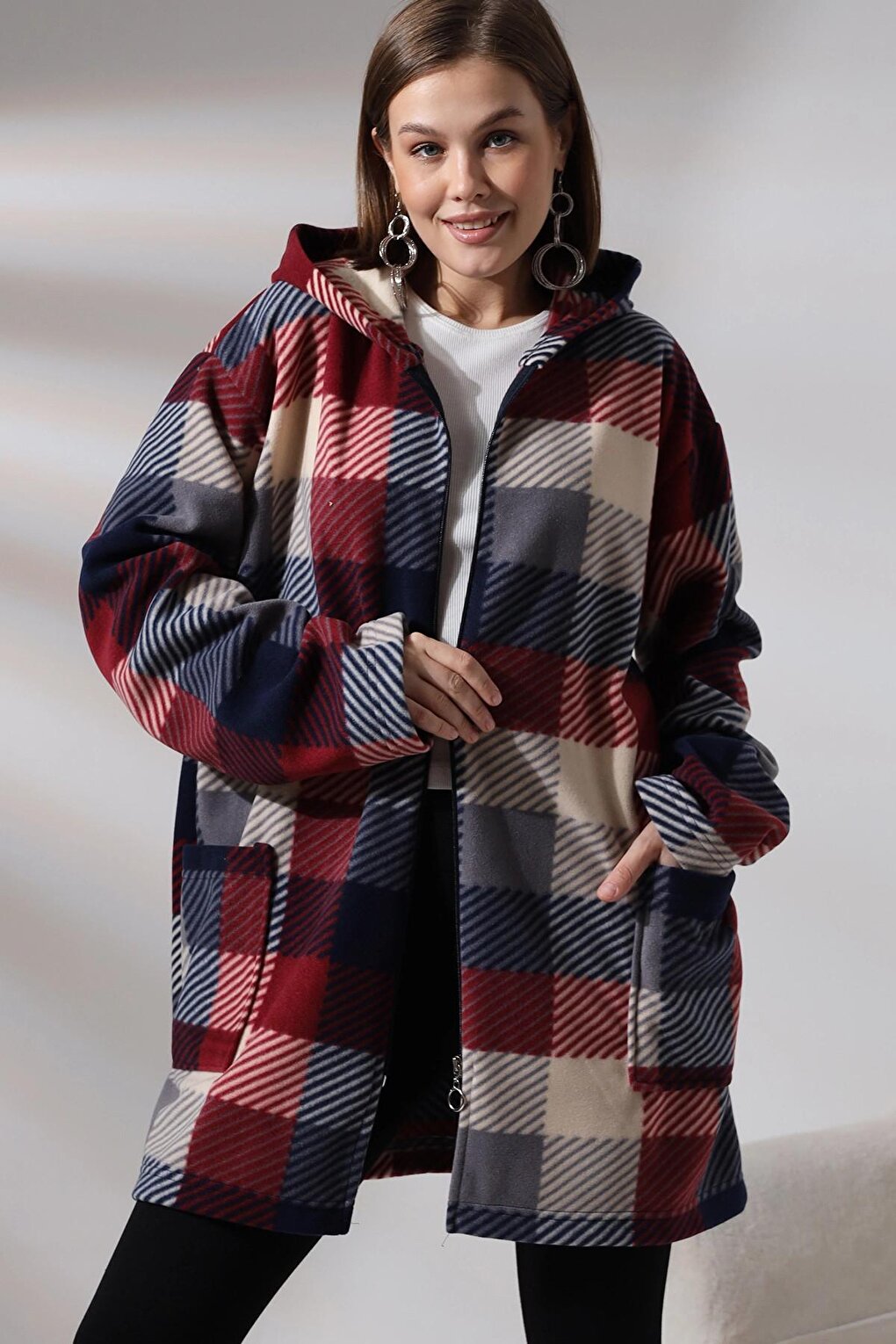 Plaid Pattern Fleece Jacket - Plus Size