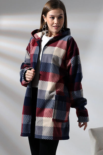 Plaid Pattern Fleece Jacket - Plus Size