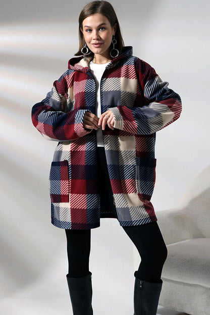 Plaid Pattern Fleece Jacket - Plus Size