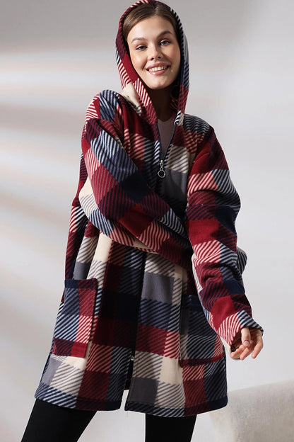 Plaid Pattern Fleece Jacket - Plus Size