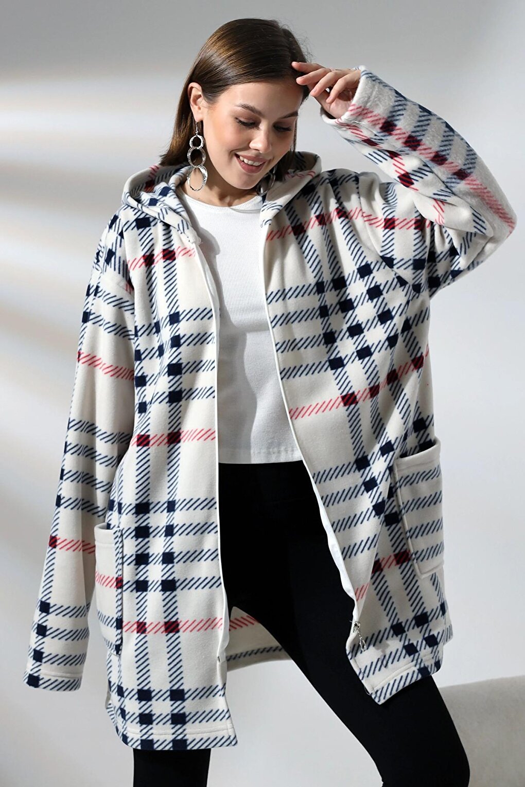 Plaid Pattern Fleece Jacket - Plus Size