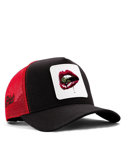 V1 Trucker Lip - 1 Unisex Black-Red Hat (Cap) with Code Logo