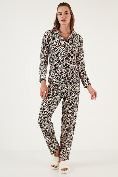 Patterned Elastic Waist Shirt Collar Woven Pajama Set 6095660