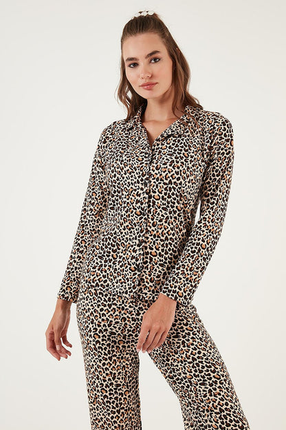 Patterned Elastic Waist Shirt Collar Woven Pajama Set 6095660