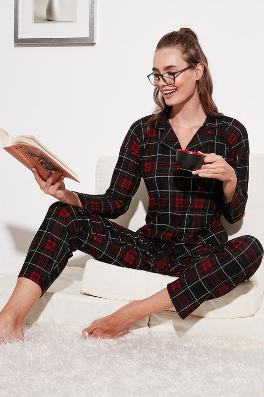 Patterned Elastic Waist Shirt Collar Woven Pajama Set 6095660