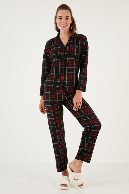 Patterned Elastic Waist Shirt Collar Woven Pajama Set 6095660