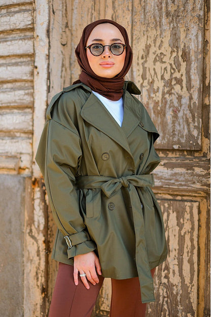 Sleeve Belted Double Breasted Collar Trench Coat Khaki Green