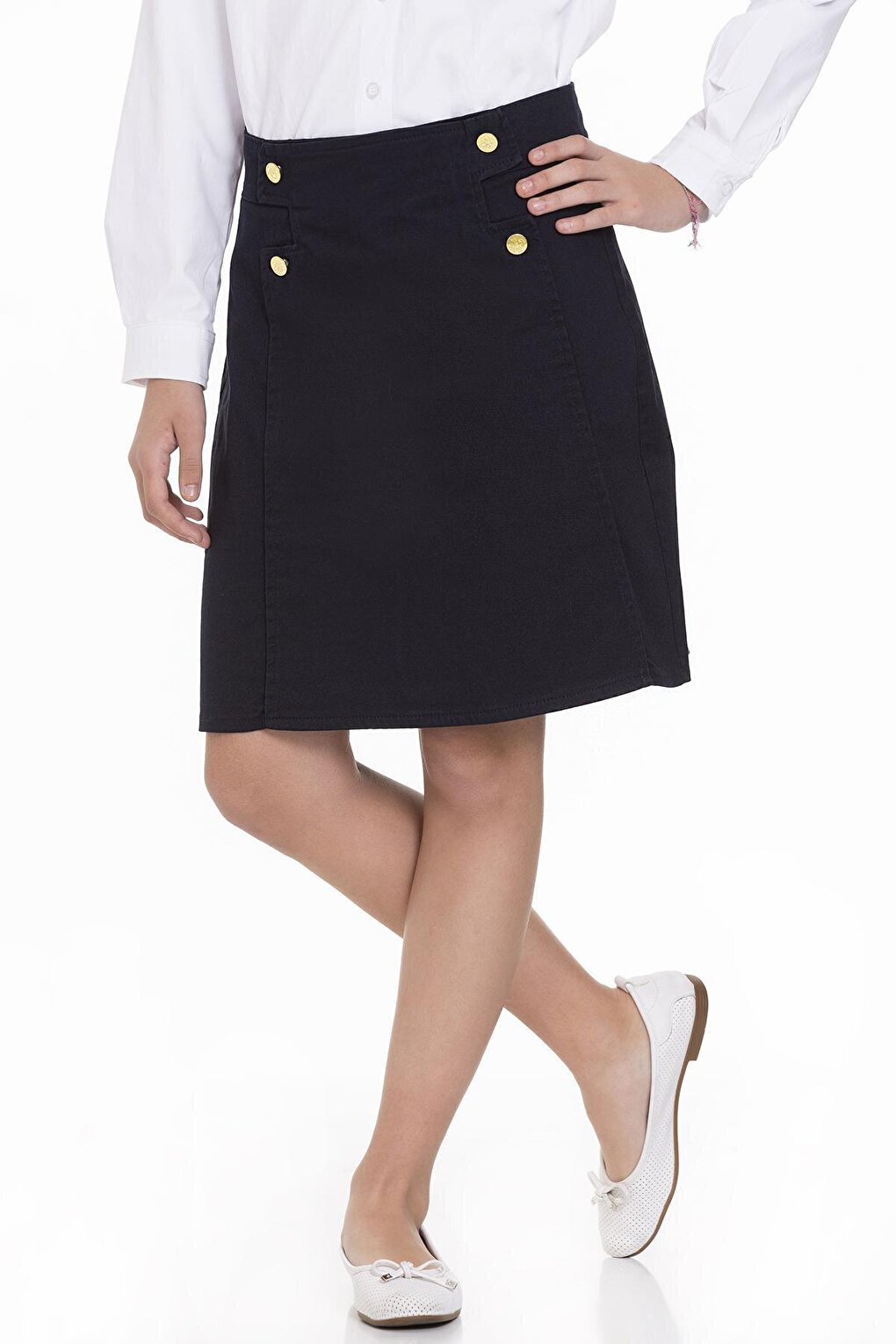 Girl's Button Detailed Gabardine Skirt 9-14 Years Lx251