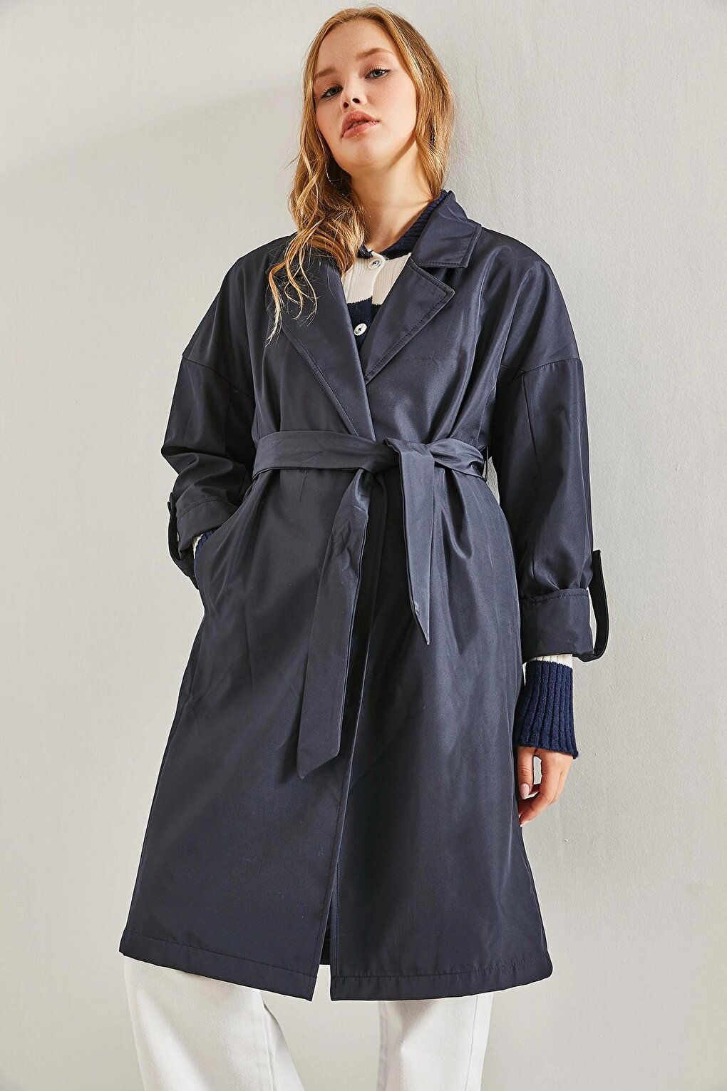 Women's Sleeve Folded Belted Trench Coat