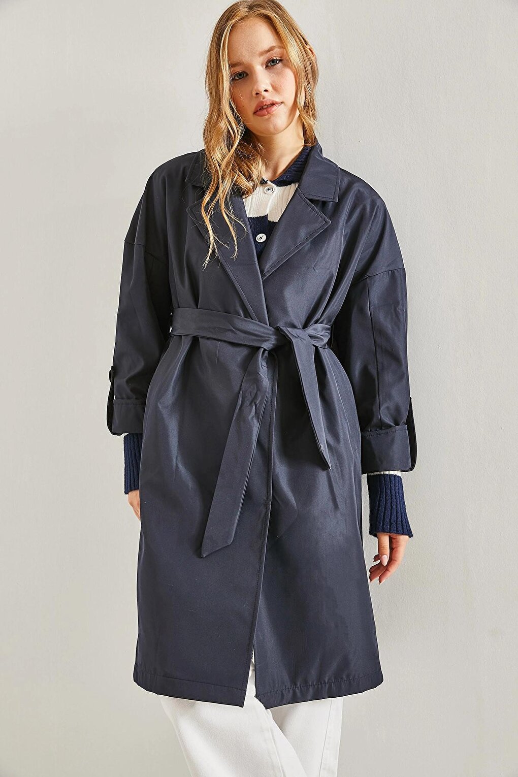 Women's Sleeve Folded Belted Trench Coat