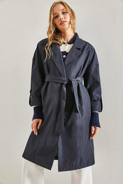 Women's Sleeve Folded Belted Trench Coat