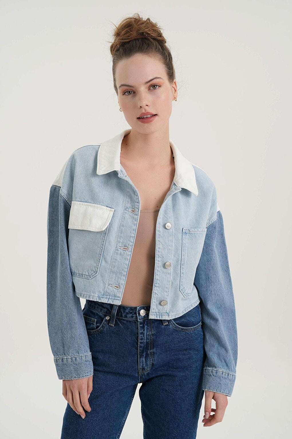 Light Blue Color Blocked Crop Jean Jacket C 4538-170