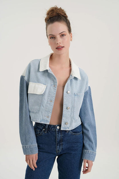 Light Blue Color Blocked Crop Jean Jacket C 4538-170