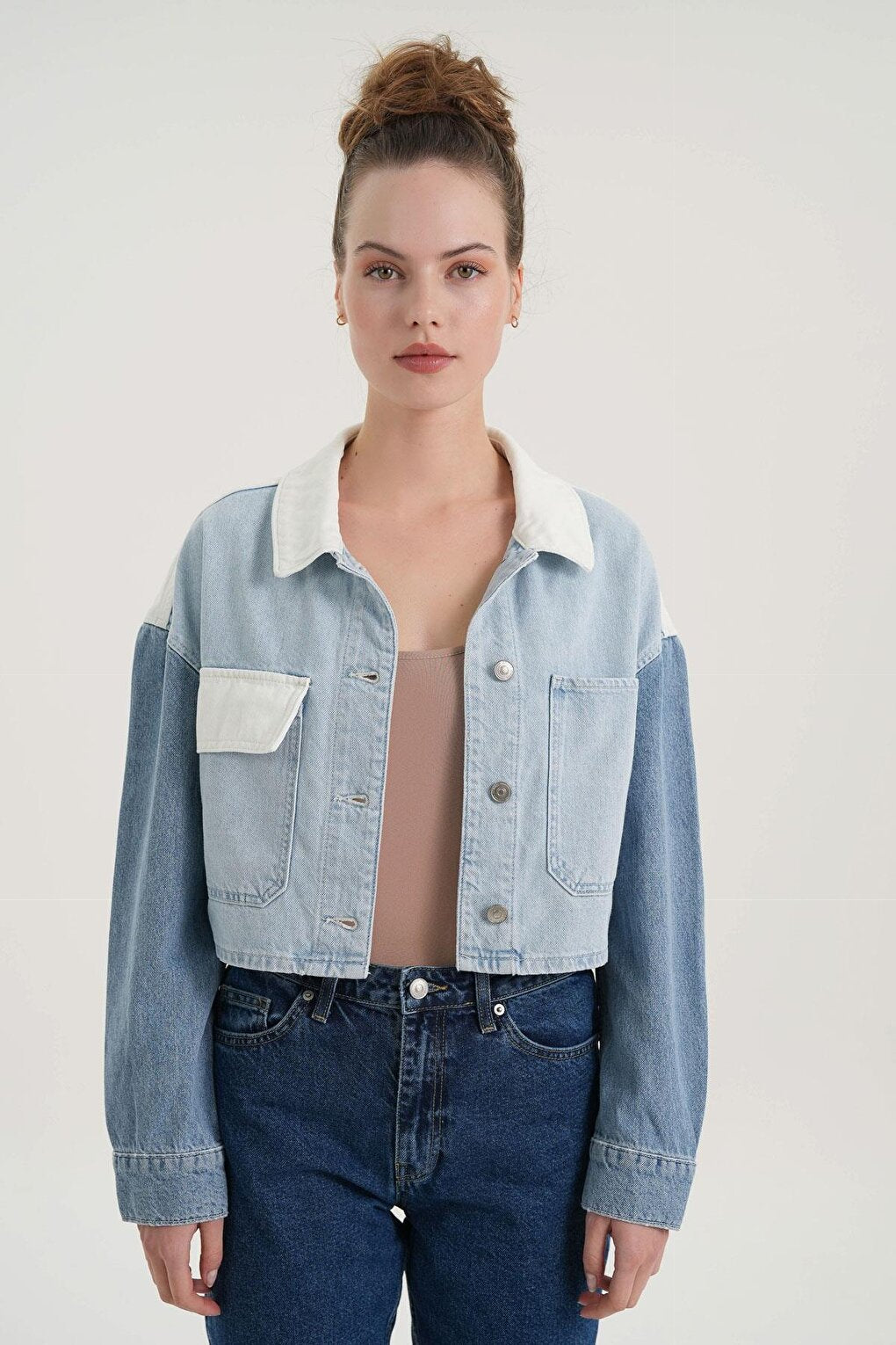 Light Blue Color Blocked Crop Jean Jacket C 4538-170