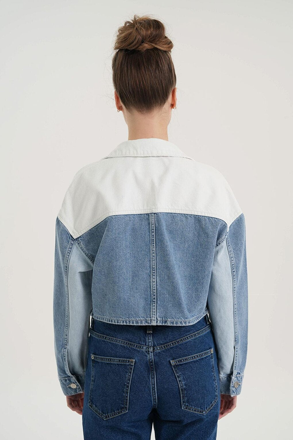 Light Blue Color Blocked Crop Jean Jacket C 4538-170