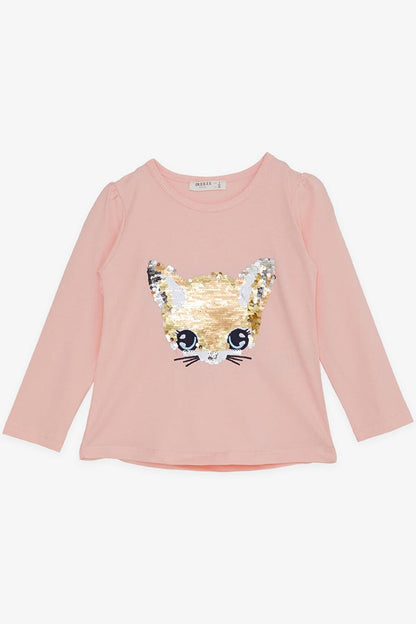 Girl's Long Sleeve T-Shirt Cute Kitten Animated Sequin Embroidered Salmon (Age 3-6)