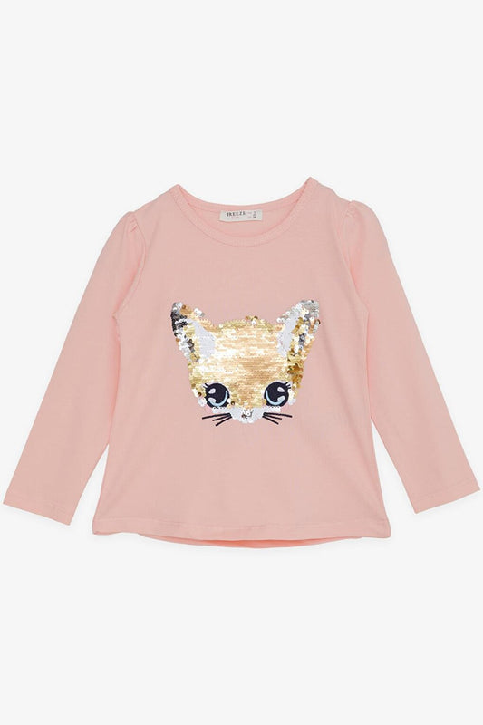 Girl's Long Sleeve T-Shirt Cute Kitten Animated Sequin Embroidered Salmon (Age 3-6)