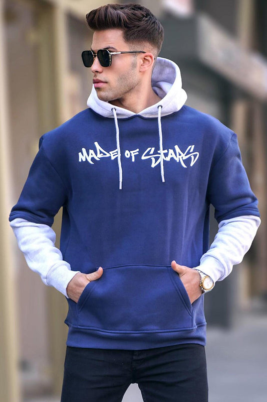 Navy Blue Printed Hooded Sweatshirt 6000