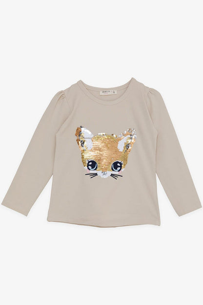 Girl's Long Sleeve T-Shirt Cute Kitten Animated Sequin Embroidered Beige (Age 3-8)