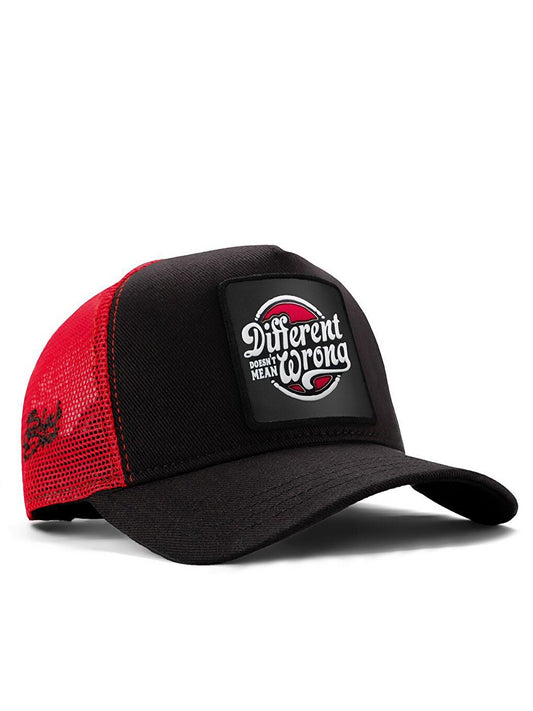 V1 Trucker Different Doesn't - 1 Unisex Black-Red Hat (Cap) with Code Logo