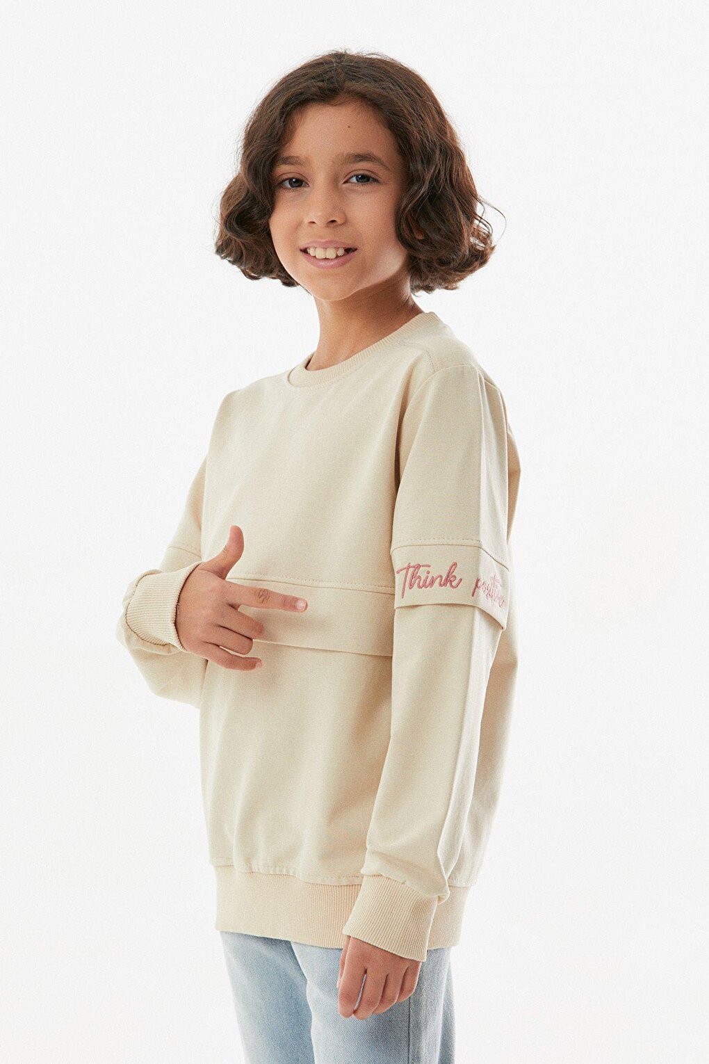 Embroidered Sleeve Crew Neck Girl's Sweatshirt