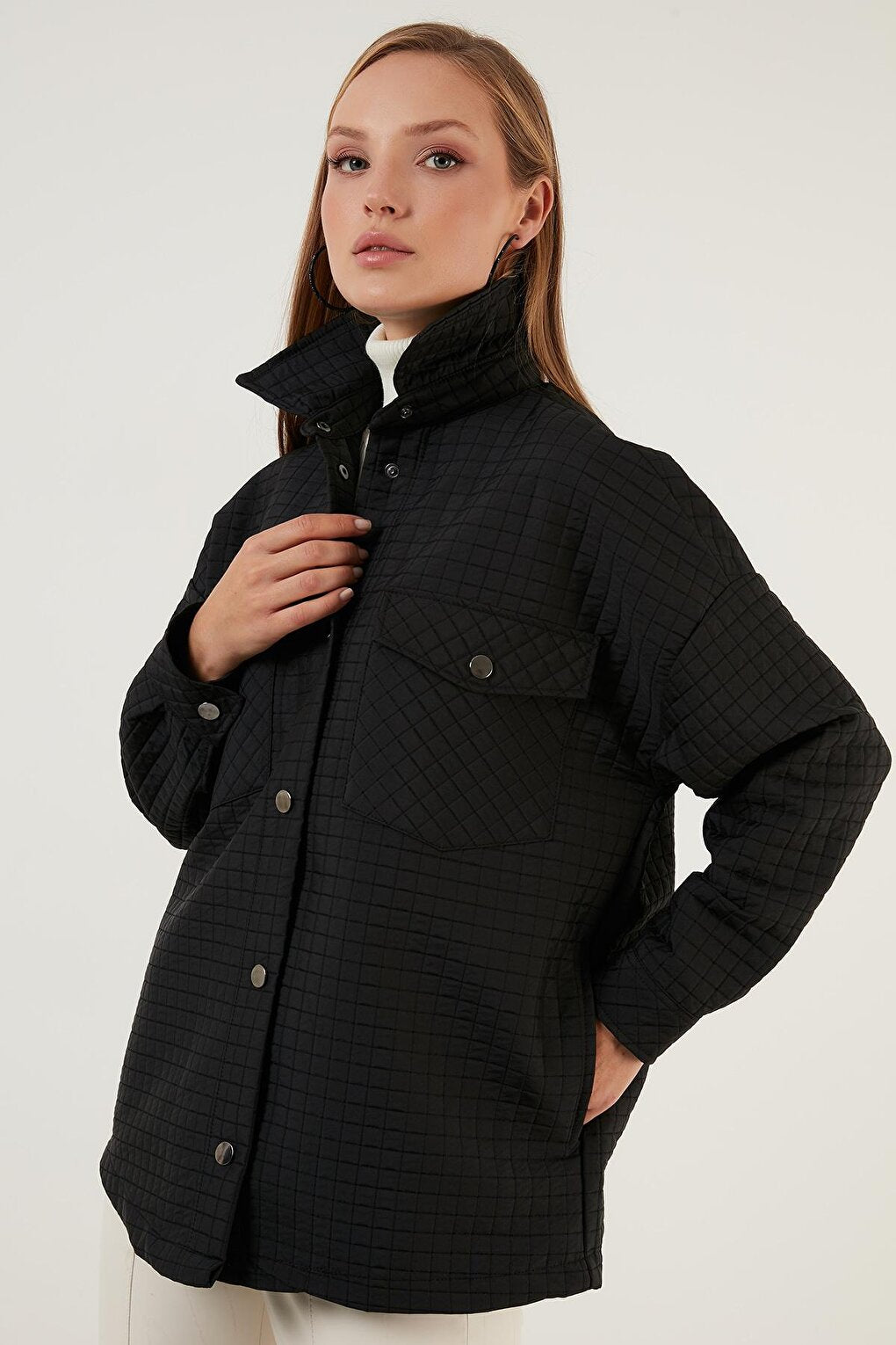 Oversize Quilted Shirt Jacket with Pockets 42190505