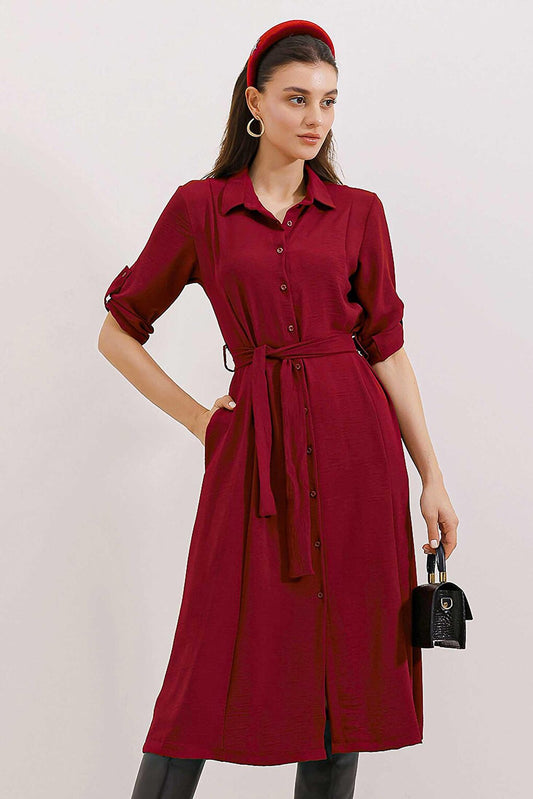 2442 Belted Shirt Dress - Claret Red