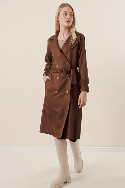 Women's Brown Double Breasted Collar Buttoned Trench Coat with Tie at the Waist